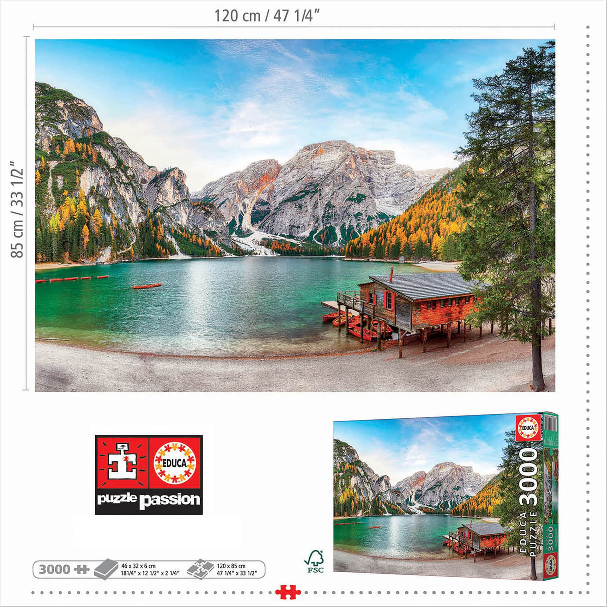 Educa - Braies Lake at Autumn - 3000 Piece Jigsaw Puzzle - Puzzle Glue Included - Completed Image Measures 47.25" x 33.5" - Ages 14+ (19281) Educa