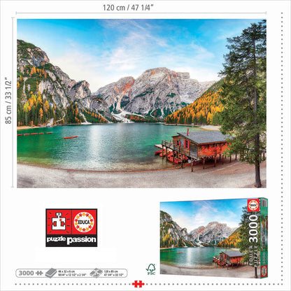 Educa - Braies Lake at Autumn - 3000 Piece Jigsaw Puzzle - Puzzle Glue Included - Completed Image Measures 47.25" x 33.5" - Ages 14+ (19281)