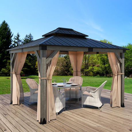 SUNBURY 10'x12' Outdoor Cedar Wood Gazebo, 2-Tier Metal Hardtop Wooden Frame Gazebo for Patio with Privacy Curtains and Mosquito Nettings for Gardens, Lawns, Backyard, Poolside (Grey Frame) SUNBURY