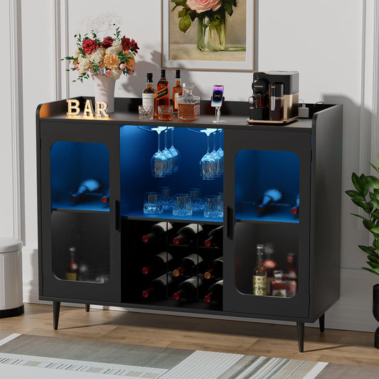 Hyomdeck Liquor Cabinet Bar with Power Outlet and LED Light, Wine Bar Cabinet with Wine and Glasses Rack, Home Coffee Bar Cabinet, Buffet Sideboard with Storage Shelf for Kitchen, Dining Room - WoodArtSupply