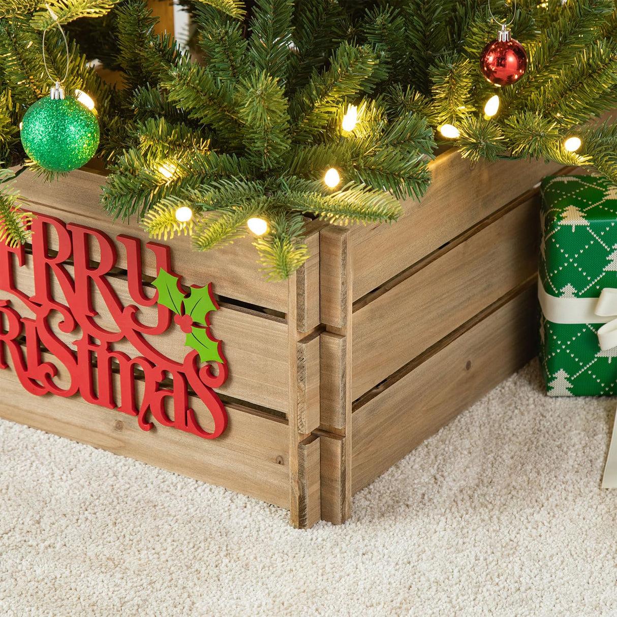 Glitzhome 27" L Wooden Crate Tree Collar, Natural Wooden Merry Christmas Christmas Tree Base Cover Farmhouse Tree Box Decorative Christmas Tree Skirt Glitzhome
