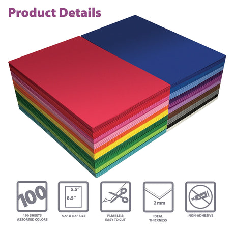 Better Office Products 100 Pack EVA Foam Sheets, 5.5 x 8.5 Inch, Assorted Colors (20 Colors), 2mm Thick, for Arts and Crafts, 100 Sheets Better Office Products