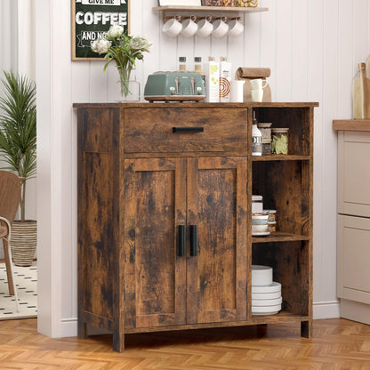 FIONESO Storage Cabinet, Floor Cabinet Wooden Storage Organizer with Drawer, Coffee Bar Cabinet with 2 Doors and 3 Shelves, Freestanding Cupboard for Entryway/Living Room/Bathroom, Rustic Brown