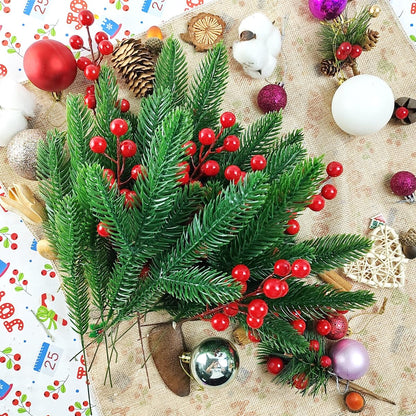 RONYOUNG 32PCS Artificial Pine Branches Christmas Holly Berries Artificial Red Berry Stems for Christmas Wreath Decorations Xmas Tree Decoration