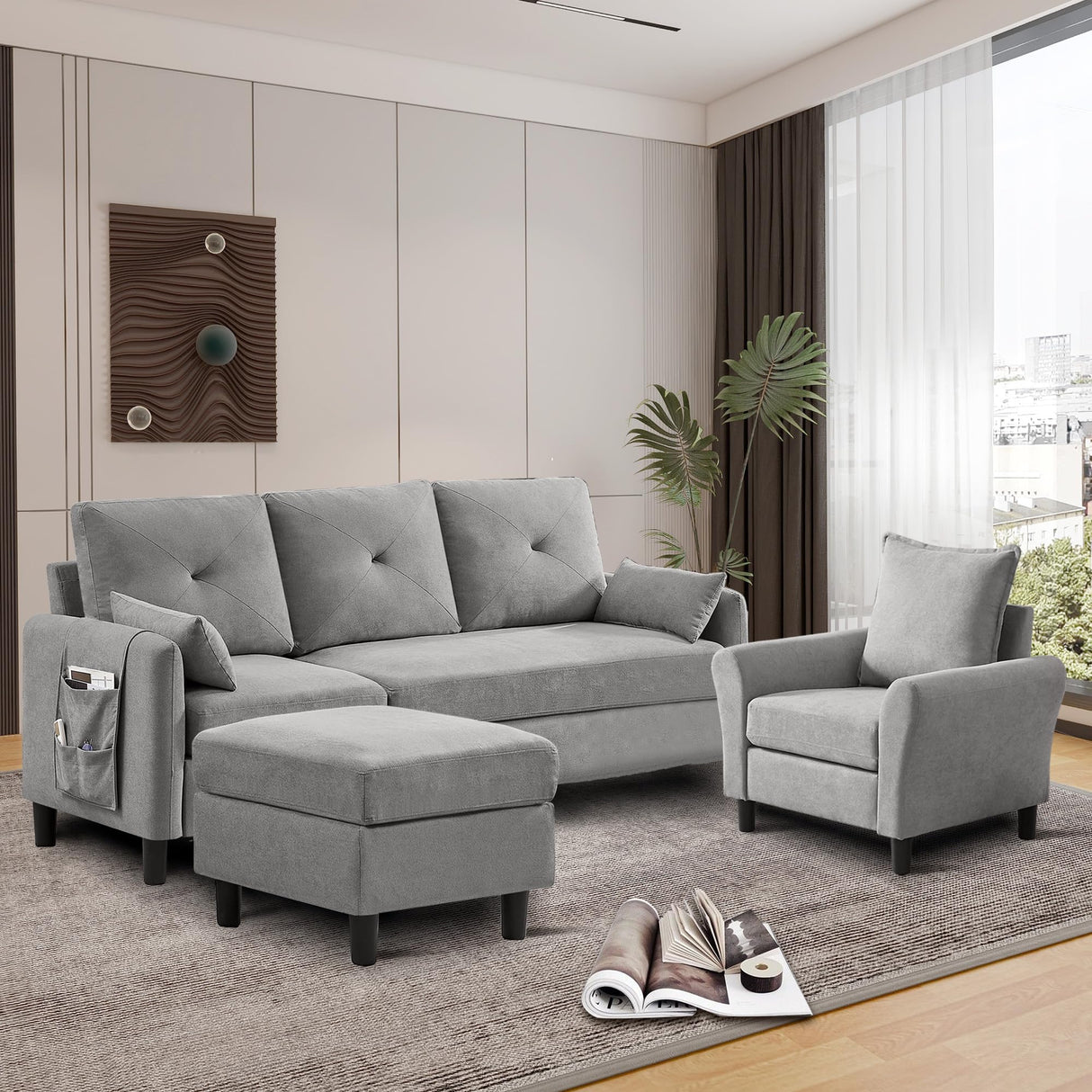 Portaforta Sectional Sofa Set, 77" Convertible Sofa and Accent Chair, Small 3 Seat L Shaped Couch with Storage Ottoman and Side Pockets, Modern Couch for Living Room, Office, Apartment, Light Grey Portaforta