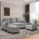 Portaforta Sectional Sofa Set, 77" Convertible Sofa and Accent Chair, Small 3 Seat L Shaped Couch with Storage Ottoman and Side Pockets, Modern Couch for Living Room, Office, Apartment, Light Grey Portaforta