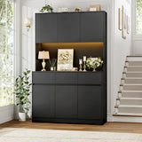FINETONES 71" Tall Pantry Cabinet with Power Outlets and Led Lights, Large Kitchen Hutch Storage with Microwave Stand, Black Pantry Kitchen Cabinet with Cupboard FINETONES