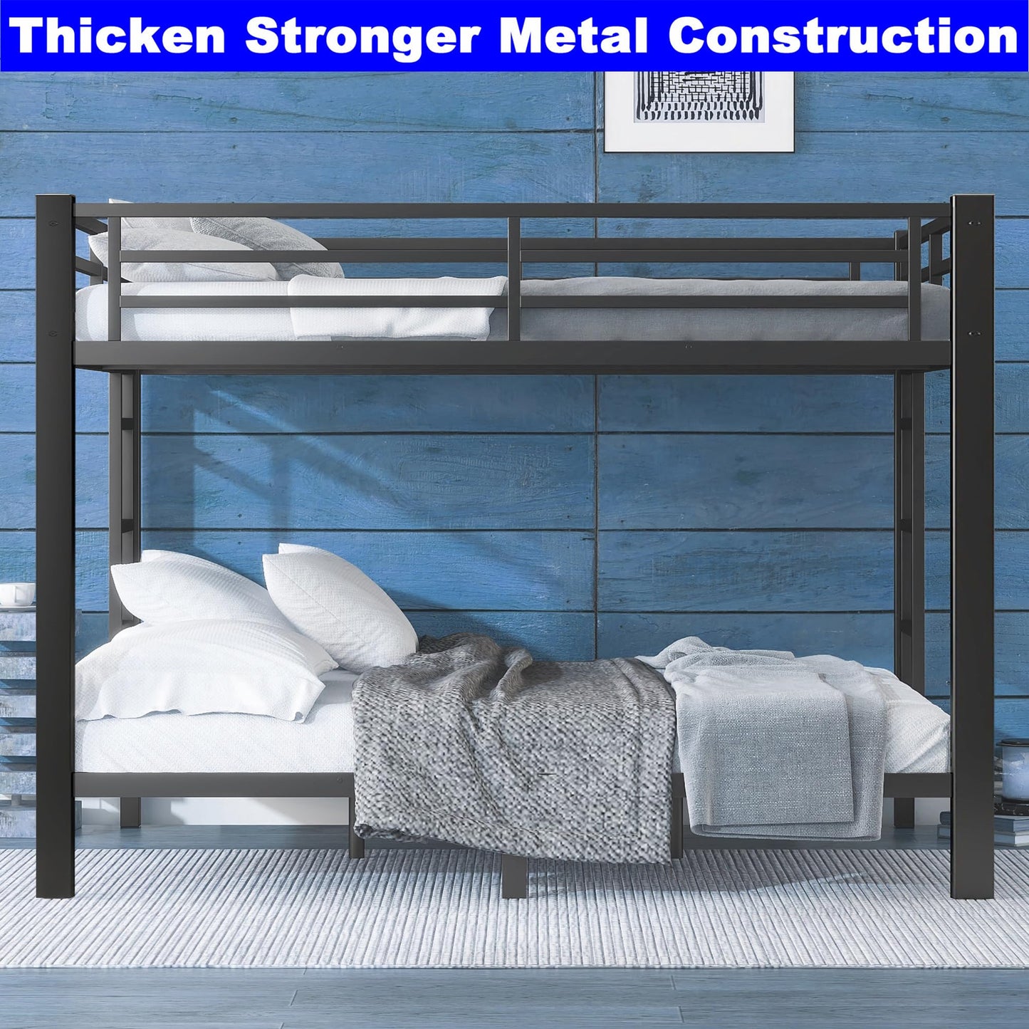 SIMPLEZC Upgraded Version Thicken Stronger Metal Queen Over Queen Bunk Bed, Heavy-Duty Best Bunk Bed Queen Over Queen Size, Bunkbed Frame for Adults with Ladders, Easy Assemble (Queen Over Queen)