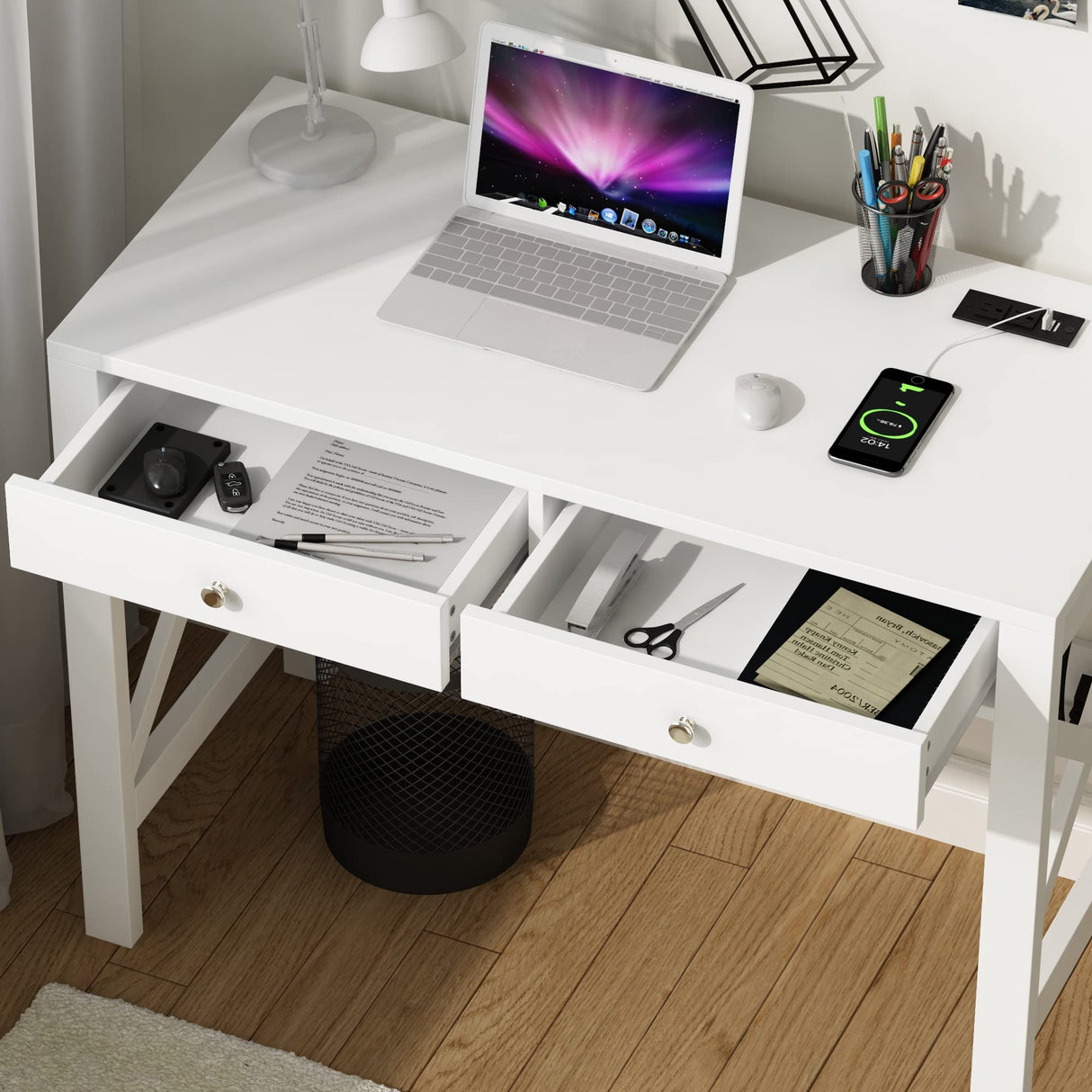 ChooChoo Computer Desk with USB Charging Ports and Power Outlets, 39" White Desk with Drawers, Small Study Writing Table with Stable X Frame for Home Office ChooChoo