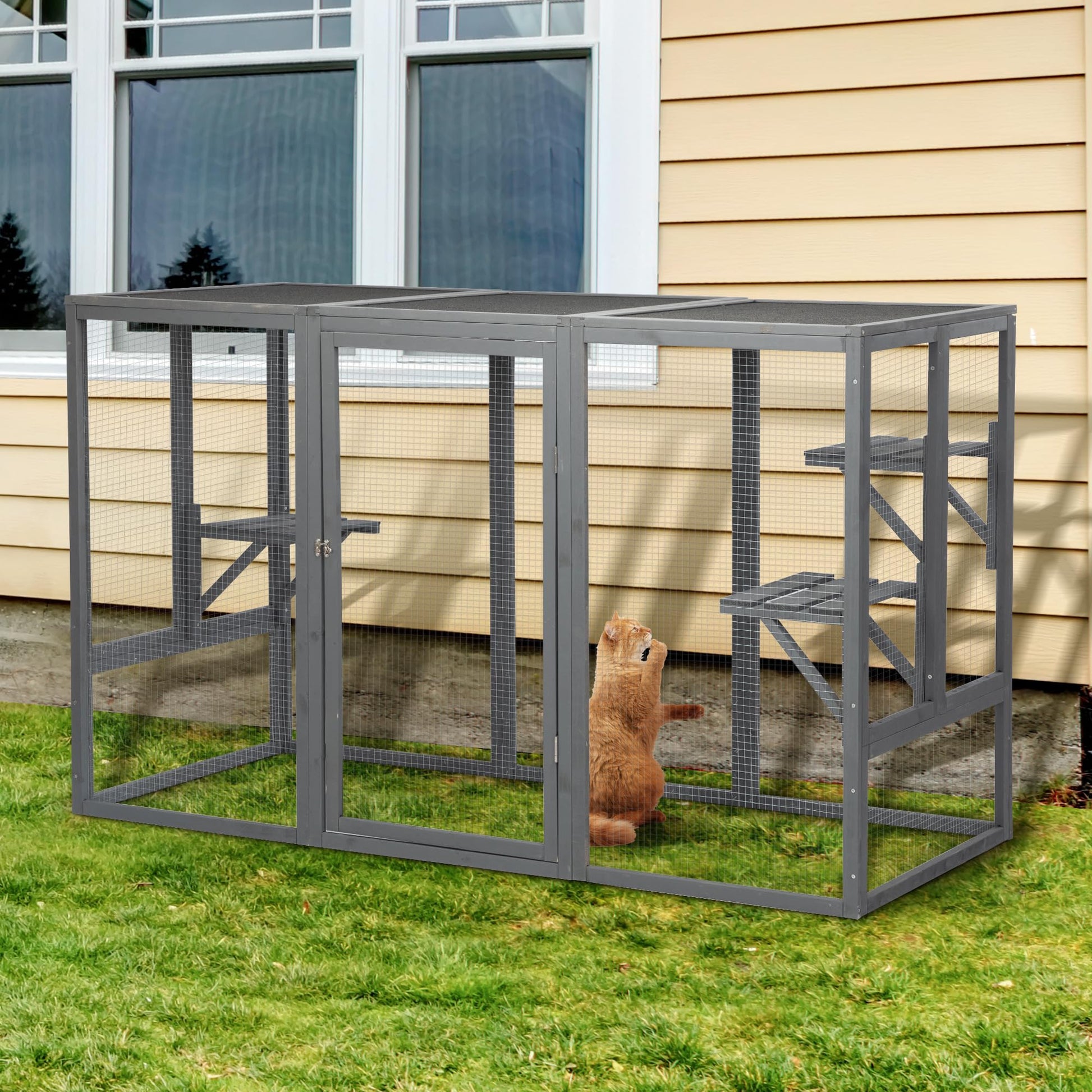 OELUBBY Large Cat Cage Enclosure Wooden Pet Run House with Waterproof Asphalt Planks, 71'' x 32'' x 44'' Animals Outdoor Cat Catio with 3 Activity Platforms, Grey - WoodArtSupply