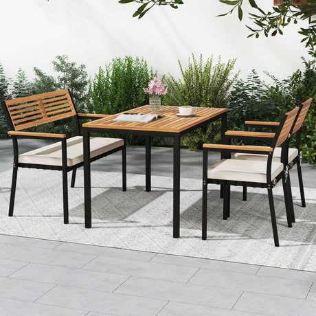 Toolsempire 4 Pieces Patio Dining Table Set, Outdoor Rectangle Table w/Loveseat & 2 Stackable Chairs, Cushions, Umbrella Hole, Acacia Wood Armrests & Tabletop, Dinette Furniture for Backyard Garden Toolsempire