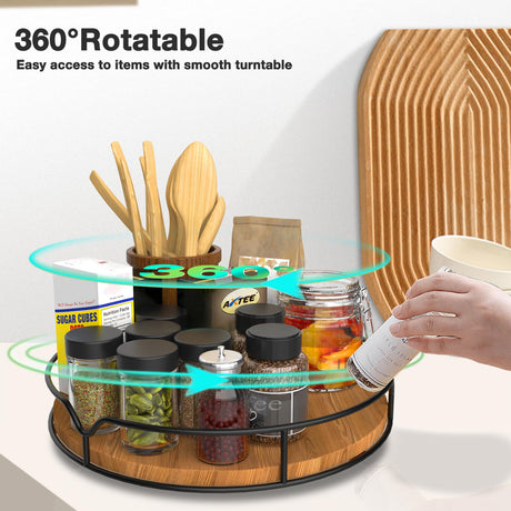 Lazy Susan Turntable Organizer for Cabinet Pantry Kitchen Countertop Refrigerator Cupboard, Pine Wood, 9", Carbonized Black AXTEE