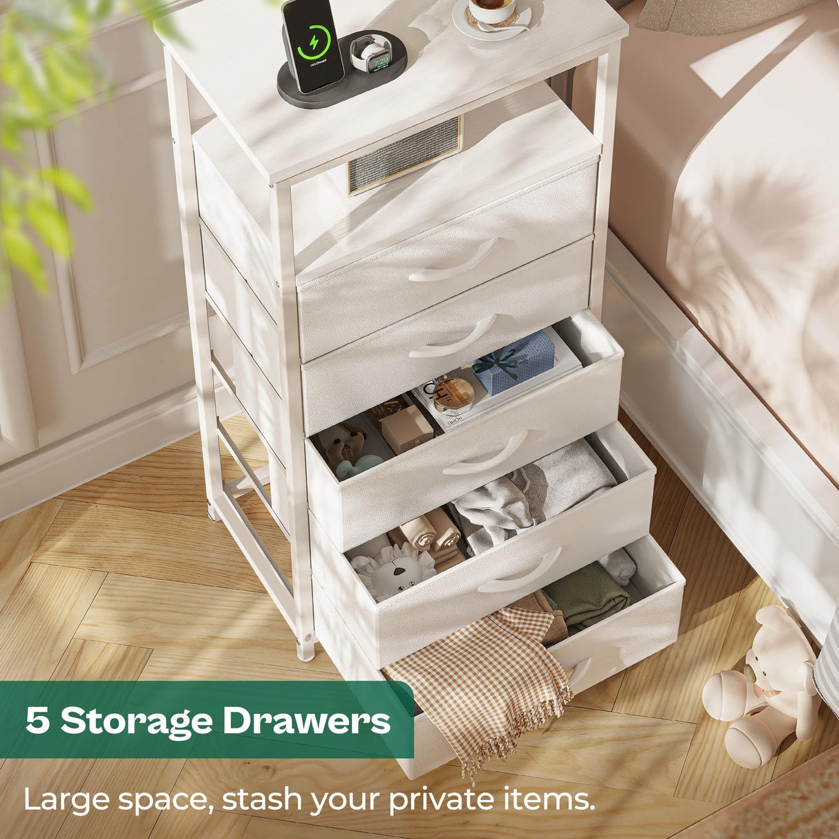 Huuger White Dresser with 5 Drawers & Charging Station, Tall Dresser for Bedroom, Tall Night Stand with PU Leather Finish, Open Shelf, Nightstand for Bedroom, Closet, Hallway, Entryway Huuger