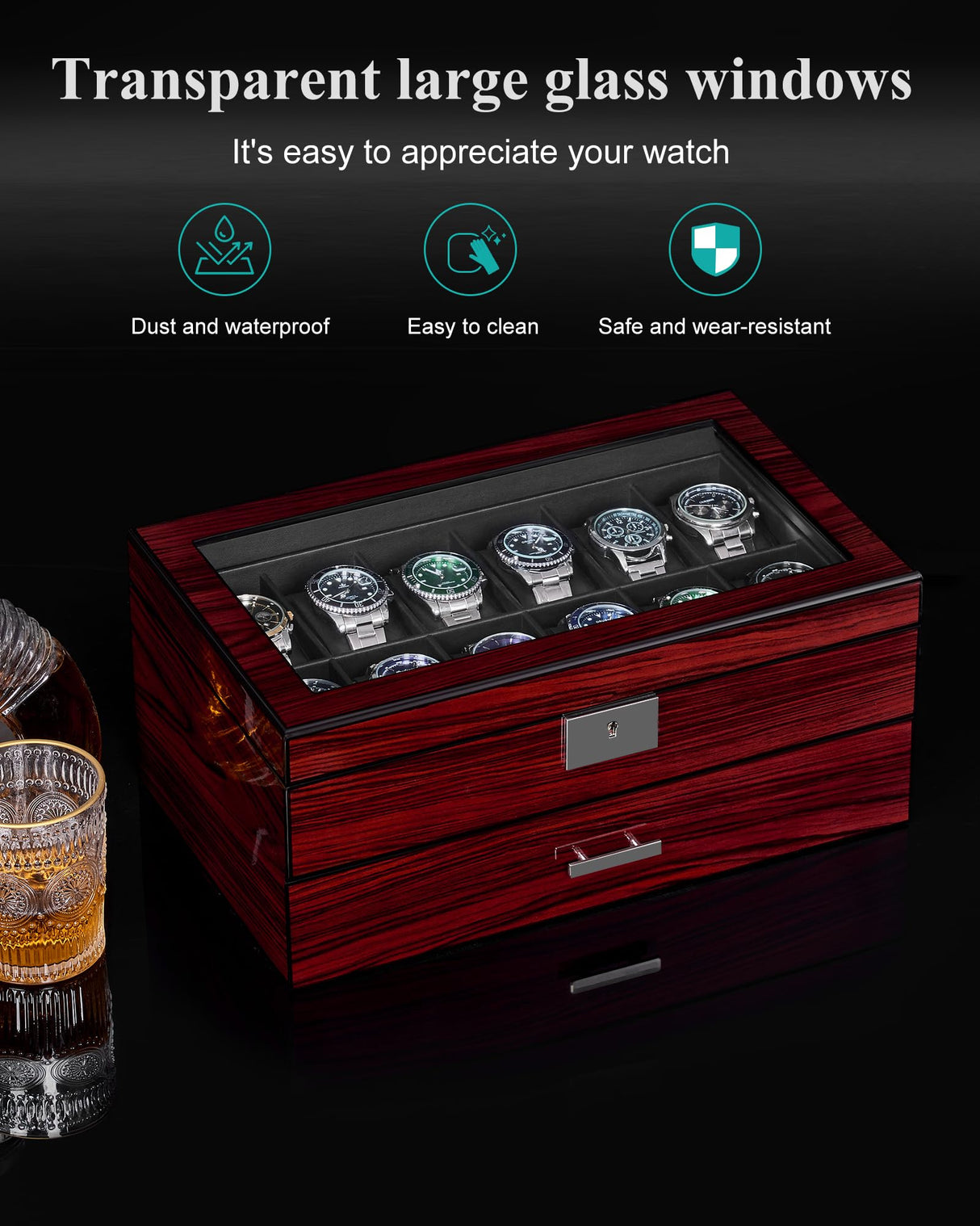 ANWBROAD Watch Box Storage Watch Cases for Men with Large Glass Lid 2-Tier Wood Watch Display Case Lockable Watch Organizer Giftable Luxurious Watch Holder for Women UJWB003Y ANWBROAD