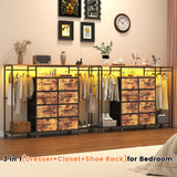 Frmobepts 59.1" W Dresser for Bedroom with Hanging Rack, 8 Drawer Dresser with LED Lights & Charging Station, Fabric Dressers with Portable Wheels,Metal Frame, Wooden Top (Rustic Brown) Frmobepts