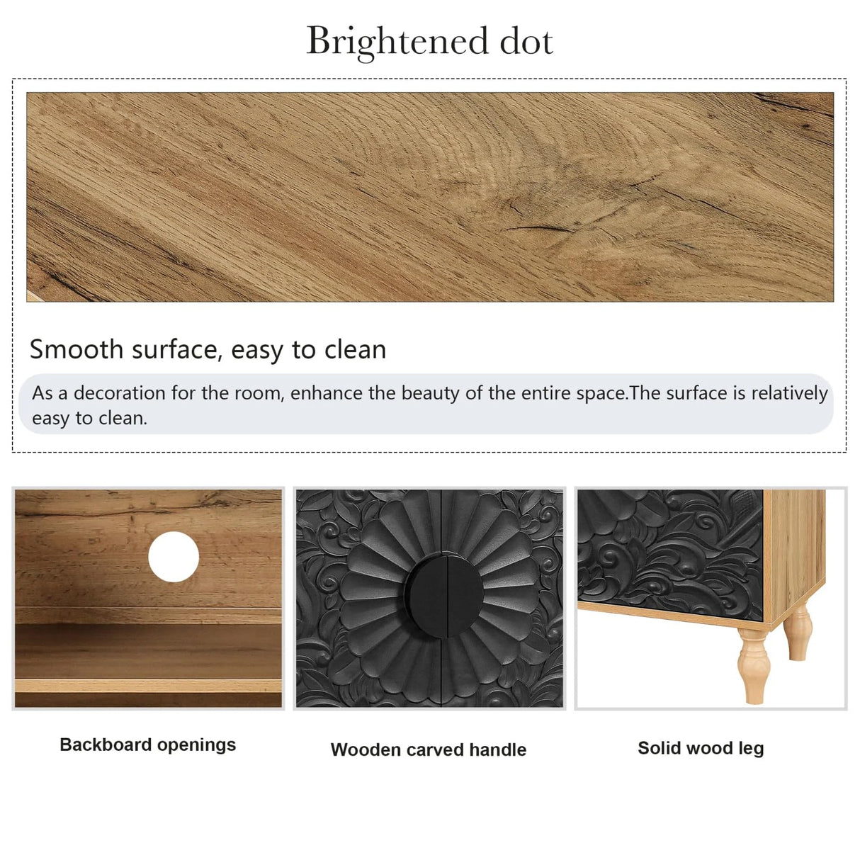 WILSHINE Sideboard Buffet Credenzas for Living Room, 63" Black Entryway Table with Storage Accent Cabinet, Carved Flowers Doors & Wire Holes WILSHINE