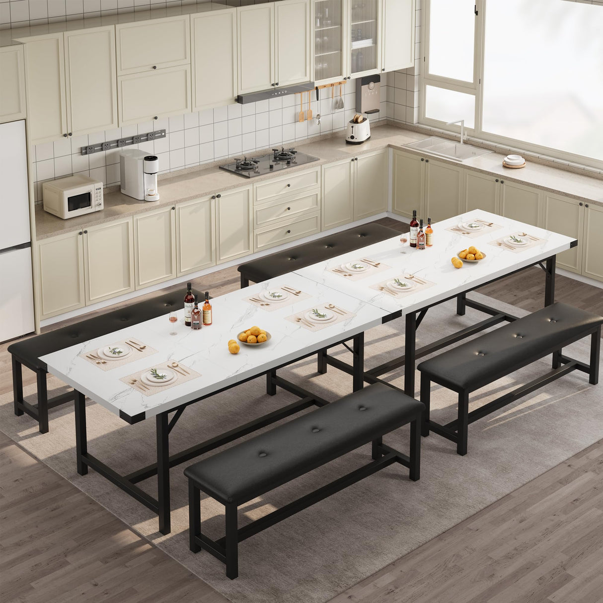 GarveeHome Extendable Dining Table Set for 4-6, Rectangle Large Extendable Kitchen Table with 2 Upholstered Benches & Metal Corner Protect for Dining, Apartment, Space Saving, Marble White GarveeHome