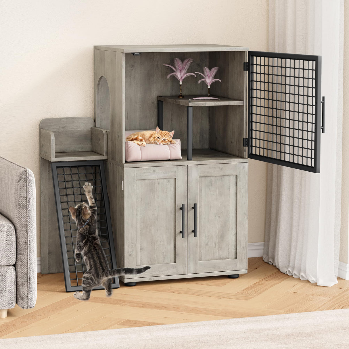 IDEALHOUSE Modern Villa Cat Litter Box Enclosure with Platform, Double Layer Hidden Furniture, Cat House with Ladder, Hidden Washroom, 33.5" L x 17.9" W x 41.9" H, Grey IDEALHOUSE