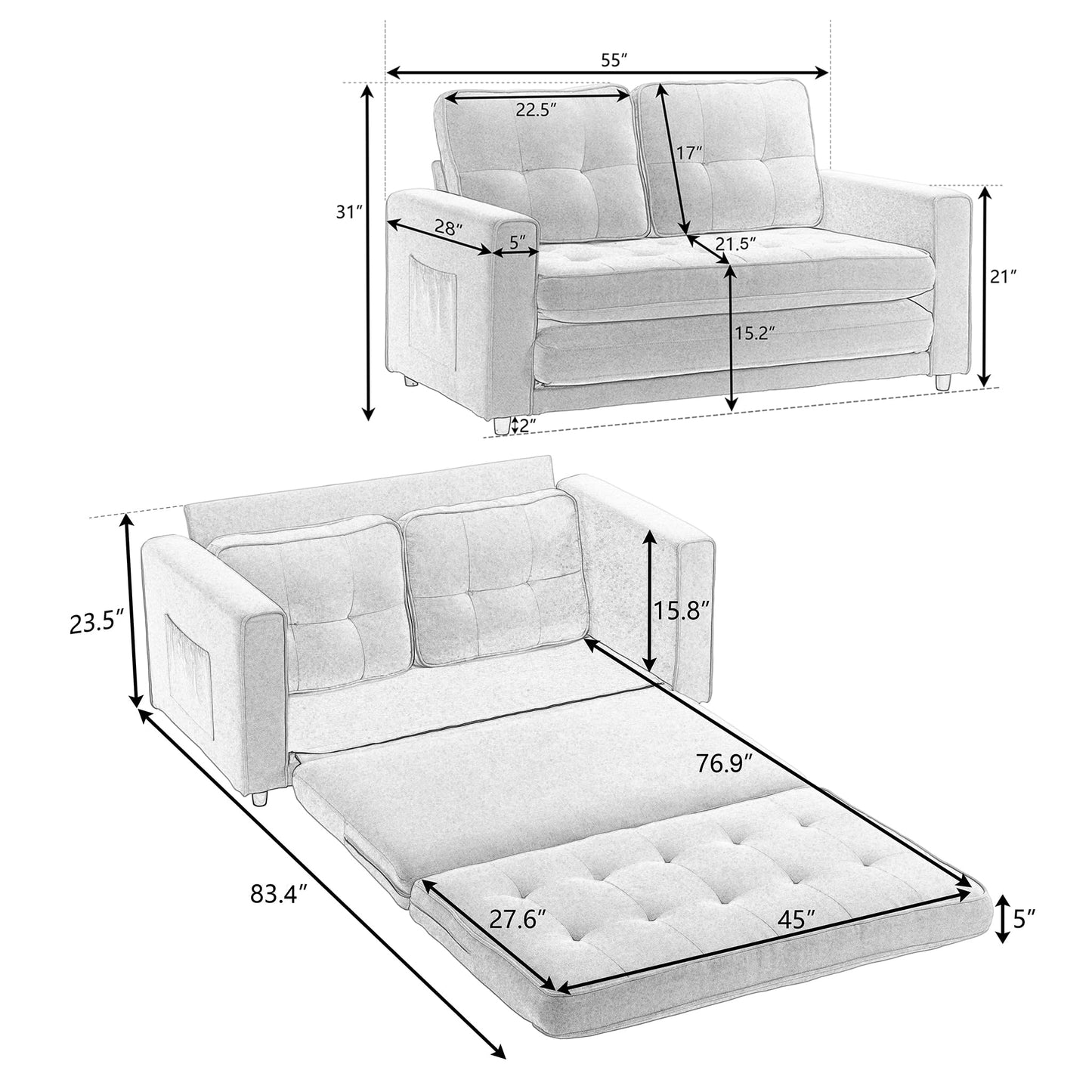 Eafurn Folding Pull Out Sofa Bed, 3 in 1 Convertible Sleeper Couch Floor Sofabed with Side Storage, Linen Upholstered Futon Loveseat Recliner for Living Room, Apartment, Small Space - WoodArtSupply