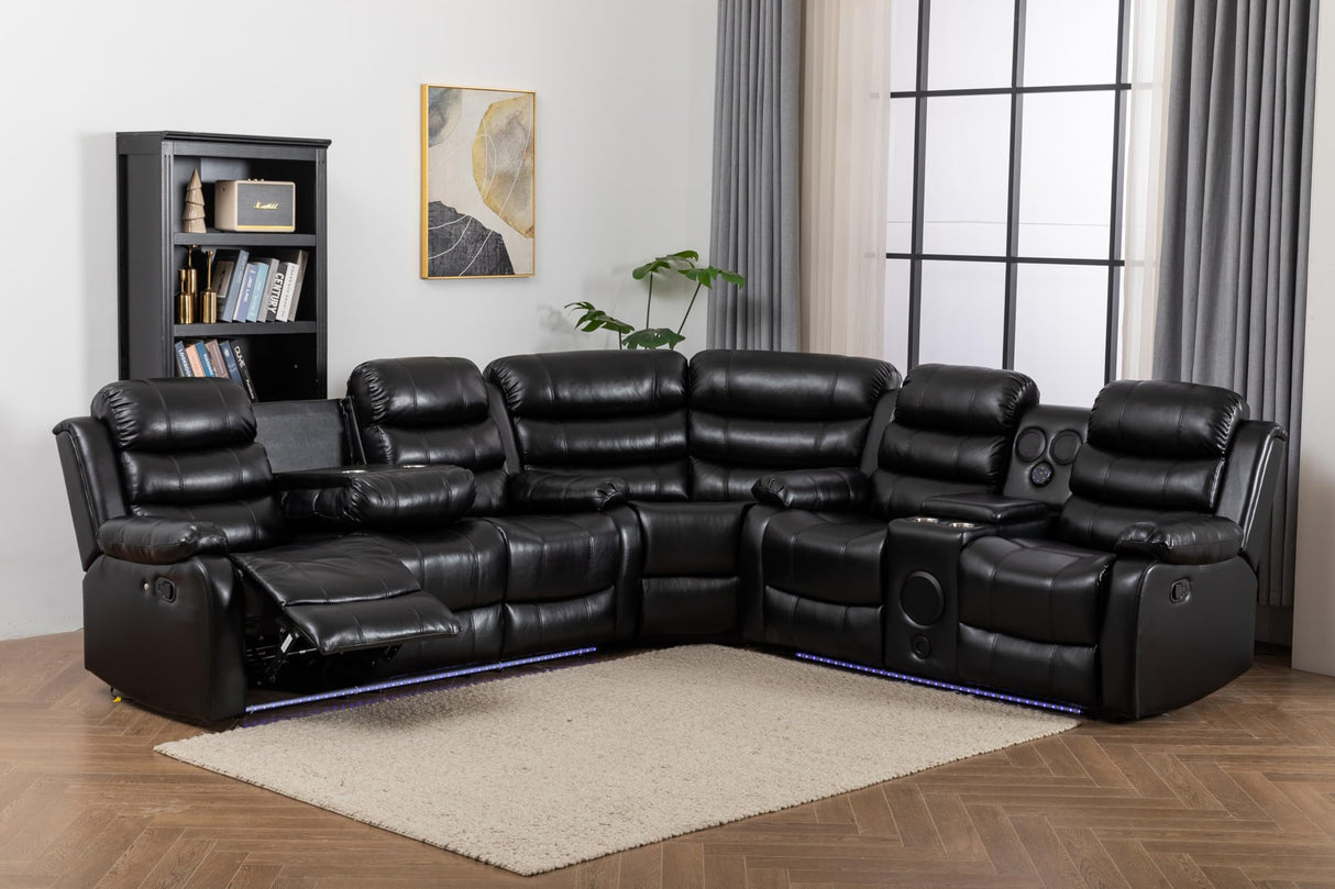 INSTORY 6-Seater Reclining Sofa Set, Faux Leather Living Room Set, Bluetooth Speakers, LED Lights, Drop Down Table, Cup Holders, USB Outlet, Storage Box (Black) INSTORY