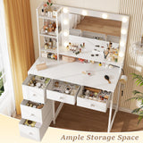 EnHomee White Vanity Desk with Mirror and Lights, Vanity Desk with 5 Fabric Drawers & Power Outlet, 3 Lighting Modes Adjustable Brightness, Bedroom Dressing Table, White EnHomee