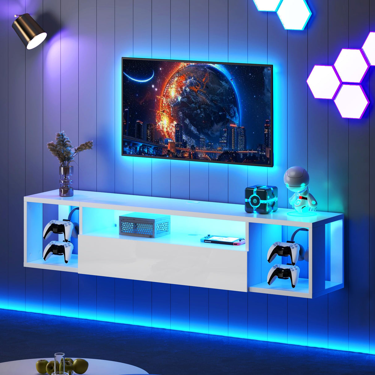 DlandHome Floating TV Stand with LED Lights,Wall Mounted TV Shelf with Led Lights, 55.1" Modern Entertainment Center Media Console with Storage,White DlandHome