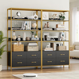 HITHOS 5 Tier Bookshelf with Drawers, 71" Tall Bookcase with Shelves, 35.4" Wide Free Standing Book Storage Shelf, Modern Wood Display Cabinet for Living Room, Study, Home Office, Gold Black HITHOS