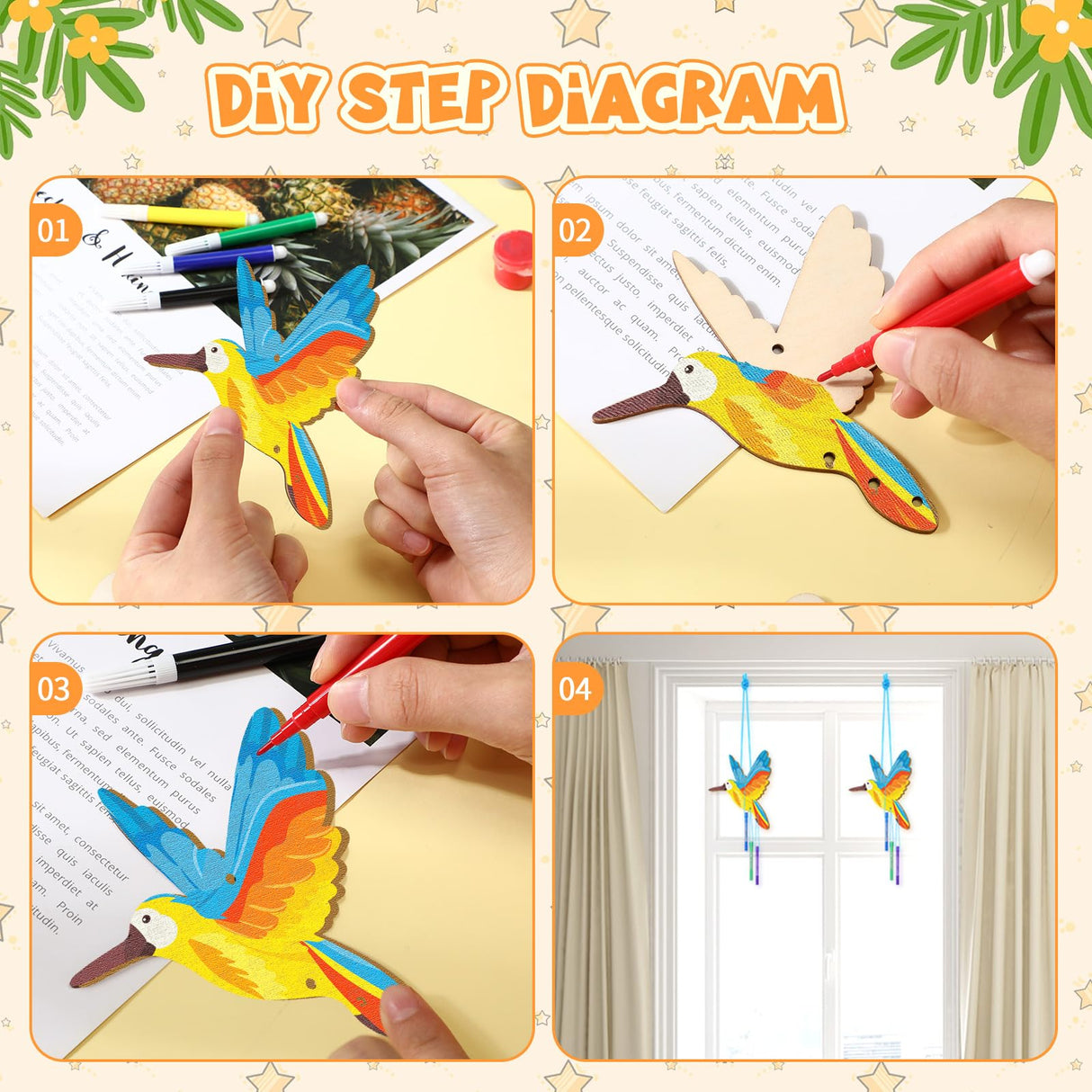 Leinuosen 30 Pcs Wind Chime Kit Hummingbird Wooden Wind Chimes Decorative Butterfly Windchimes Hanging Dragonfly DIY Wind Chimes for Kids Indoor Outdoor Garden Home Patio Party Crafts Decorations Leinuosen