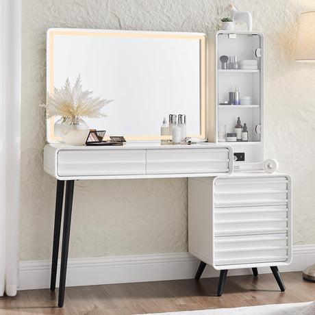 Fluted Makeup Vanity Desk with Large 35" HD Lighted Mirror, 48" Mid Century Modern Glass Top Vanity Table with 5 Drawers & Adjustable Shelf, Dressing Table w/Charging Station for Bedroom, Off White T4TREAM