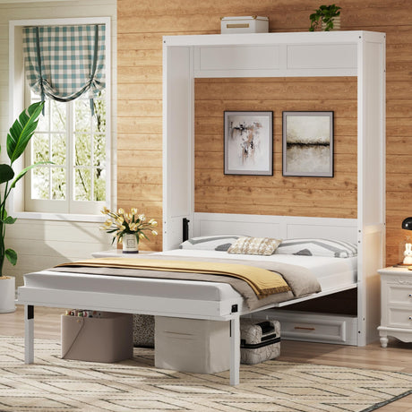 Merax Modern Full Size Murphy Bed with 2 Drawers, Space Saving Wall Bed Foldable into Wardrobe, Solid Pine Wood Frame, No Box Spring Needed, Beige Merax