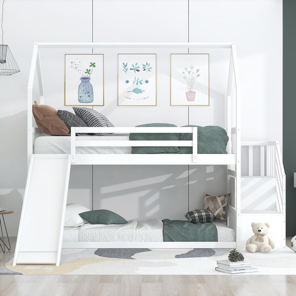 SOFTSEA Twin Over Twin Size House Bunk Bed with Storage Staircase and Convertible Slide, Solid Wood Bed Frame with Full-Length Guardrail, for Teens Adults Bedroom, White SOFTSEA