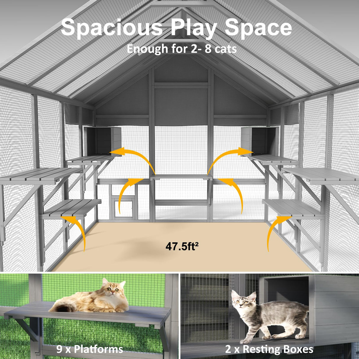TIMHAKA Cat Catio, Large Catio Outdoor Cat Enclosure for Multiple Cats with 7 Platforms, 2 Resting Box and 2 Bridges, Wooden Feral Cat Shelter with Waterproof and UV Proof Canopy, 71 x 71 x 97 inch TIMHAKA