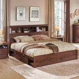 ACCOHOHO King Size Wood Bed Frame Farmhouse with 52" Tall Storage Bookcase Headboard, LED Light,Charging Station,4 Drawers and Solid Wood Slats Support,Noiseless,No Box Spring Needed - Brown ACCOHOHO
