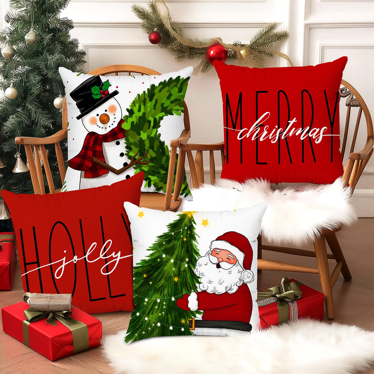 Brightown Red Christmas Pillow Covers 18x18 Set of 4 Christmas Decorations Winter Holiday Decor Throw Cushion Case for Home Couch Brightown