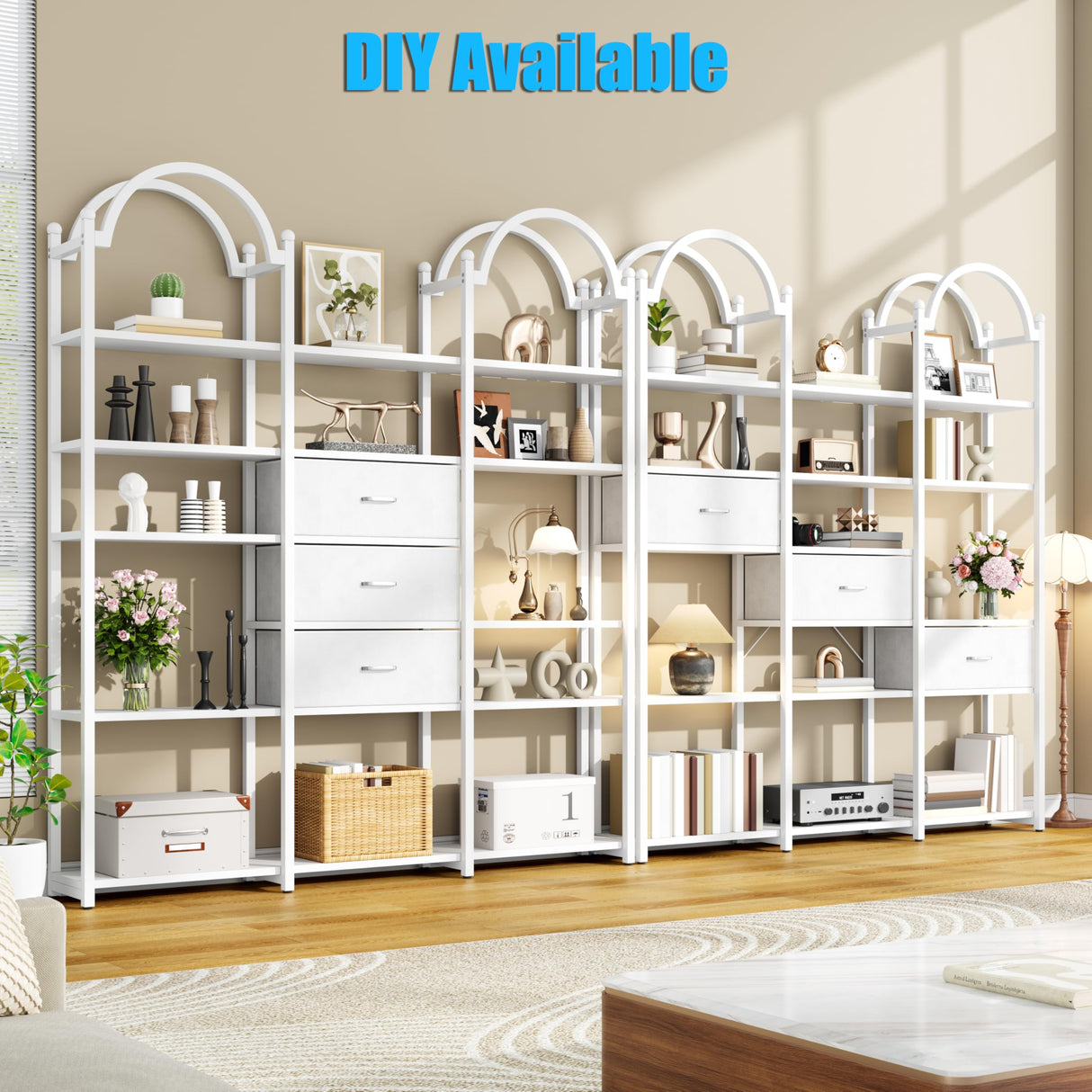 Nosepen 83.5" Tall Arched Bookshelf with 3 Drawers and 13 Storage Shelves, Industrial Open Book Shelf with Display Shelves, Large Etagere Bookshelf, Triple Wide Book Case for Home & Office, White Nosepen