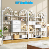 Nosepen 83.5" Tall Arched Bookshelf with 3 Drawers and 13 Storage Shelves, Industrial Open Book Shelf with Display Shelves, Large Etagere Bookshelf, Triple Wide Book Case for Home & Office, White Nosepen