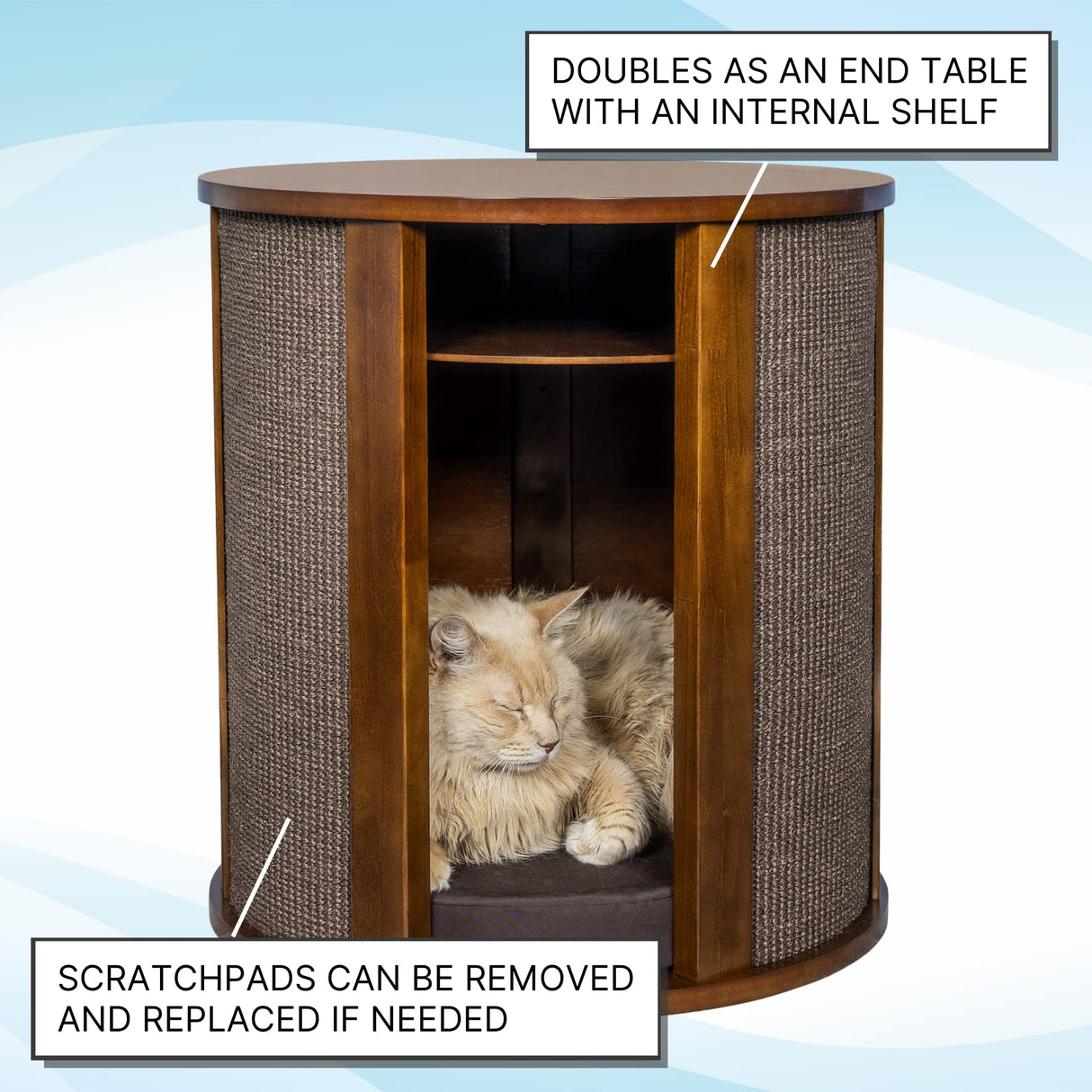 THE REFINED FELINE Purrrrfect End Table Cat Bed Cave in Mahogany Brown, Multipurpose Wood Cat Furniture Nightstand, Easy to Clean Covered Cat Bed with Replaceable Scratching Post & Washable Cushion THE REFINED FELINE