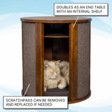 THE REFINED FELINE Purrrrfect End Table Cat Bed Cave in Mahogany Brown, Multipurpose Wood Cat Furniture Nightstand, Easy to Clean Covered Cat Bed with Replaceable Scratching Post & Washable Cushion THE REFINED FELINE