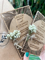 Pack of Personalized Wood Wedding Invitation - Laser Cut Wedding Invitations - White Flower Twined Wooden Invitations with Envelopes & Stickers - vitawed