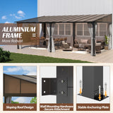 Raysfung 12 x20FT Outdoor Wall-Mounted Hardtop Gazebo, Aluminum Frame Lean to Gazebo with Polycarbonate Roof and Curtains for Patio, Garden, Deck Raysfung