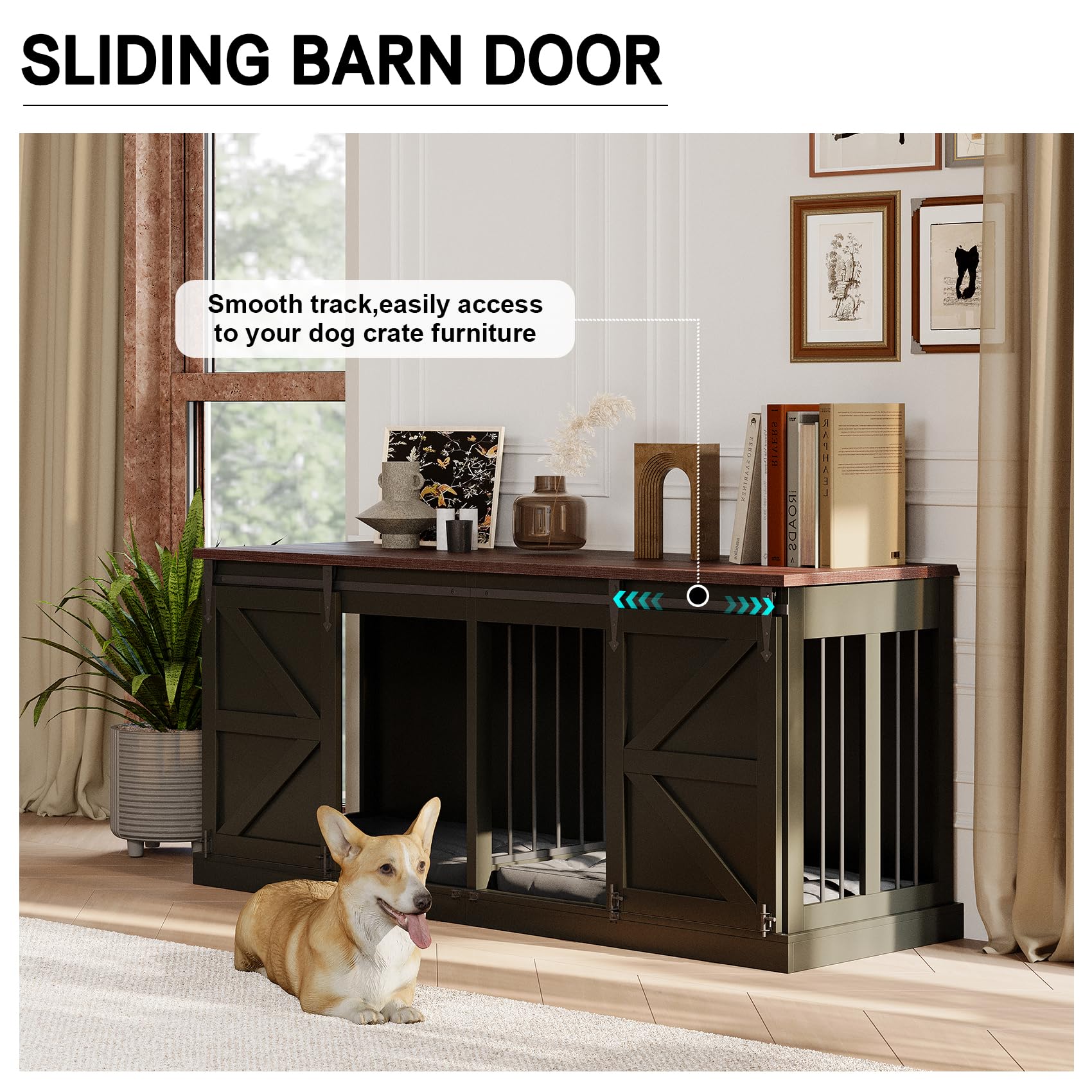 Dog Crate Furniture - Indoor Wooden Dog Kennel with Room Divider and Double Sliding Barn Doors - 71”x23.6”x31.5”H, Black - WoodArtSupply