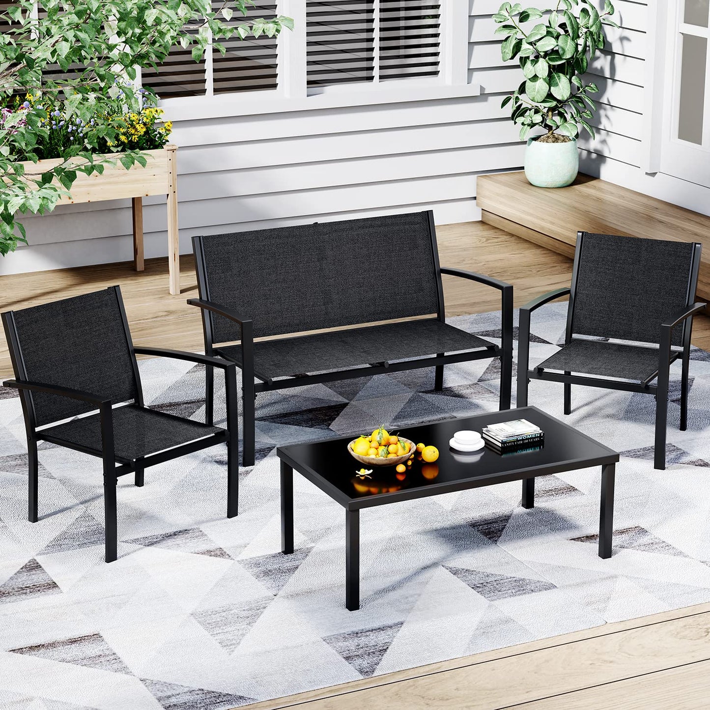 Greesum 4 Pieces Patio Furniture Set, Outdoor Conversation Sets for Patio, Lawn, Garden, Poolside with A Glass Coffee Table, Black - WoodArtSupply