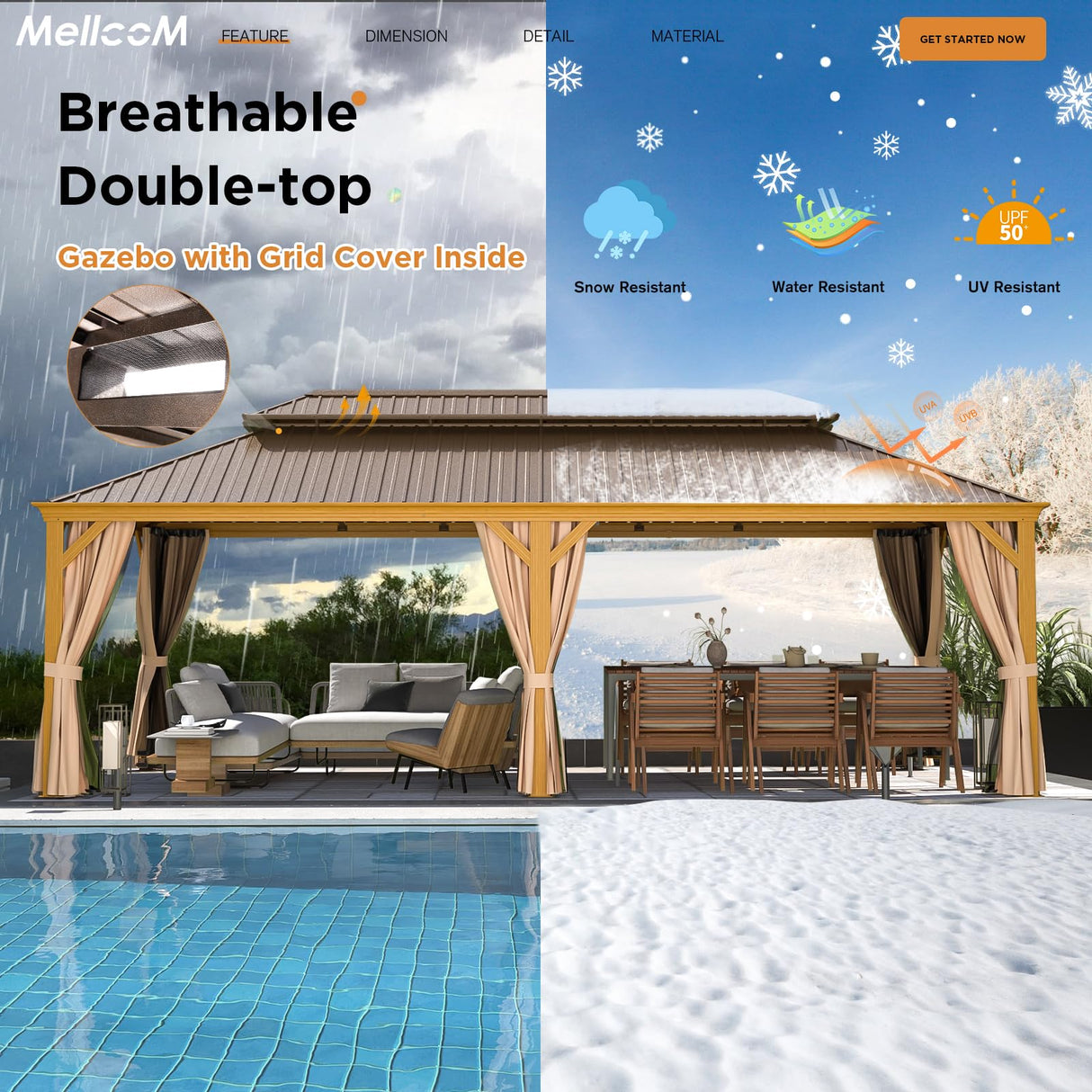 MELLCOM 12' x 24' Gazebo, Hardtop Gazebo Wood-Looking Gazebo with Galvanized Steel Double Roof, Aluminum Frame, Outdoor Patio Hardtop Gazebo with Netting and Curtains for Deck, Backyard, Patio, Lawns MELLCOM