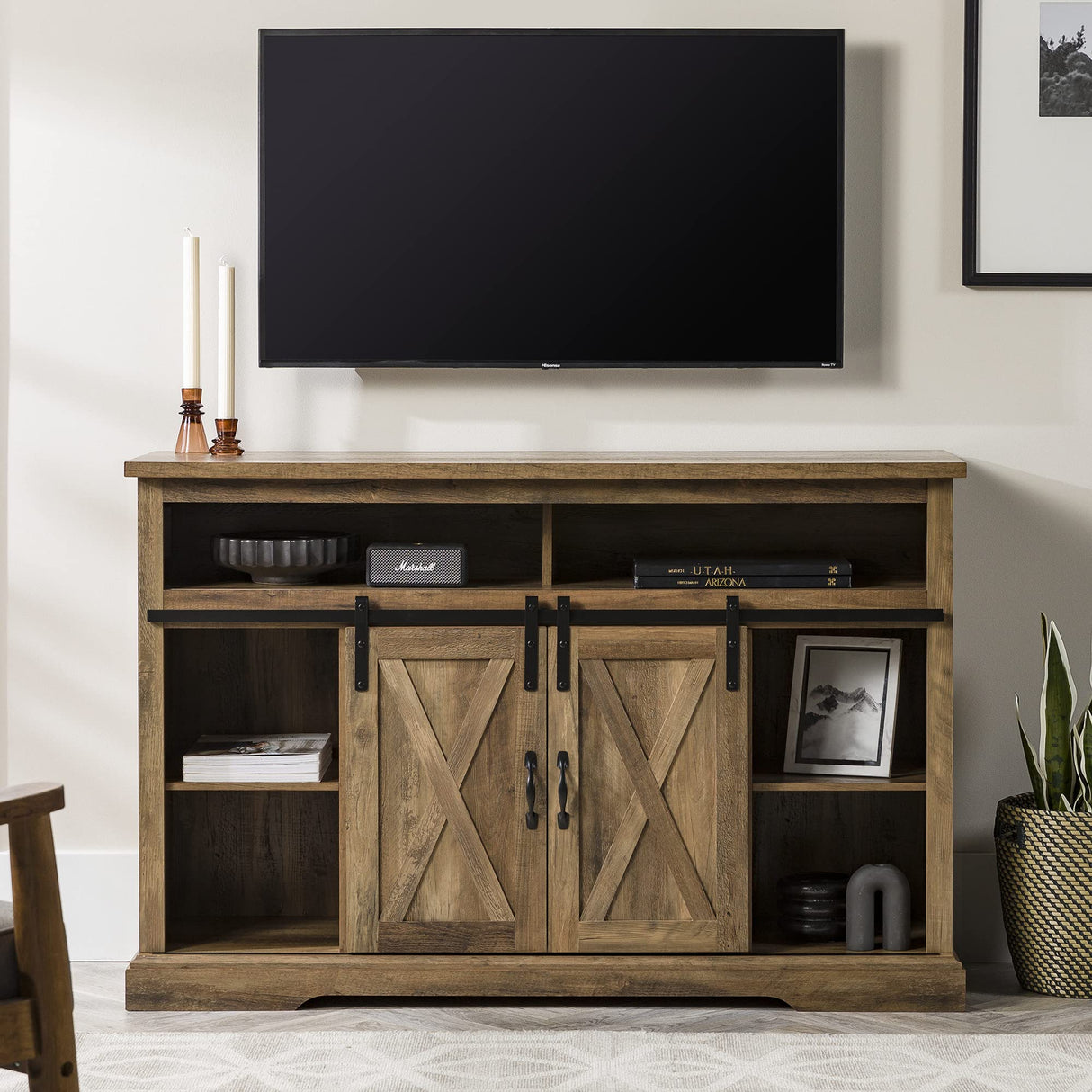 Walker Edison Clayton Farmhouse Sliding Double Barn Door TV Stand for TVs up to 58 Inches, 52 Inch, Rustic Oak Walker Edison