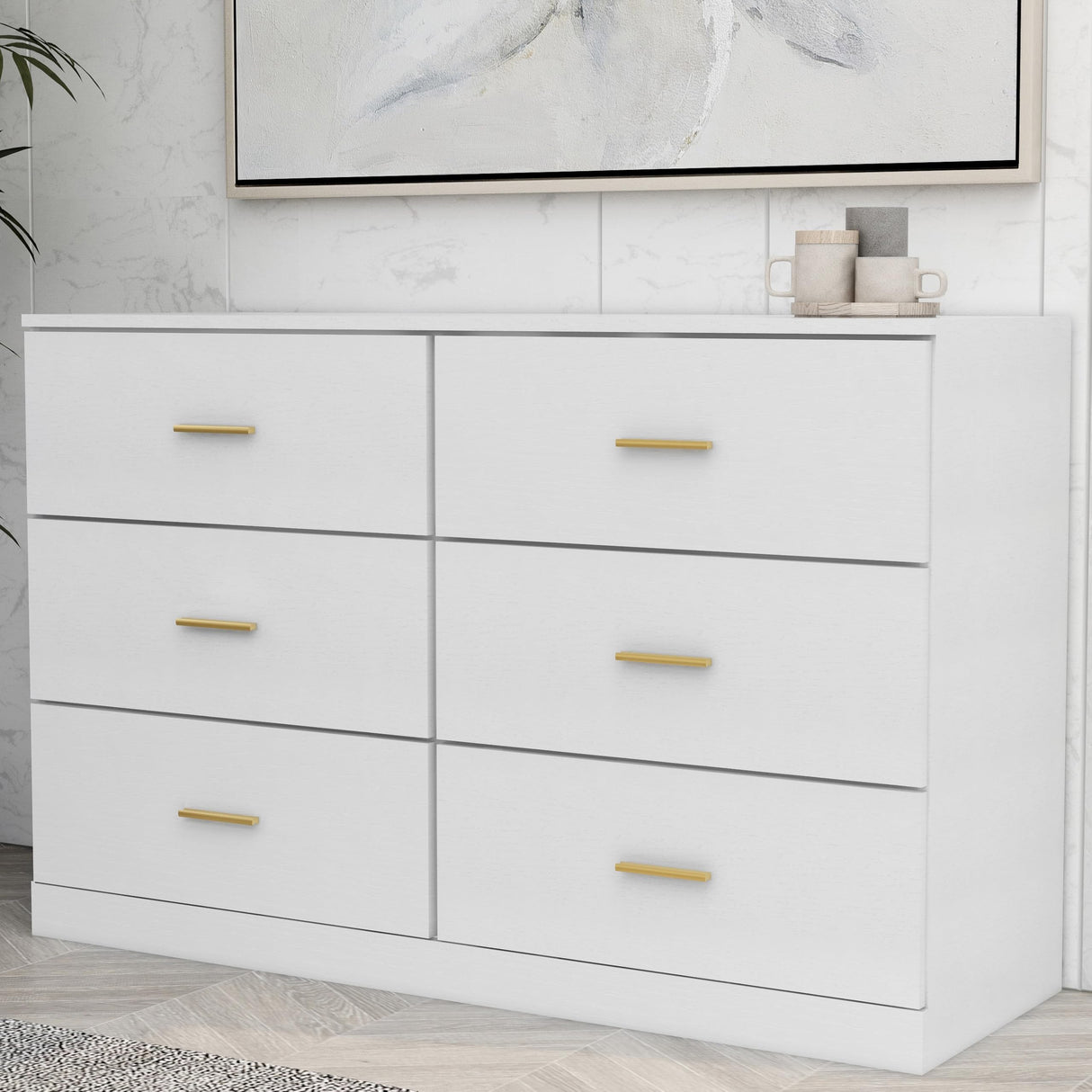 NoeBanJe 47" inch Dresser Sturdy Frame Modern Bedroom Furniture with 6 Drawers Large Capacity Storage Cabinet, Wooden Chest of Drawers for Bedroom, Hallway, Living Room, Entryway (White Gold Handle) NoeBanJe