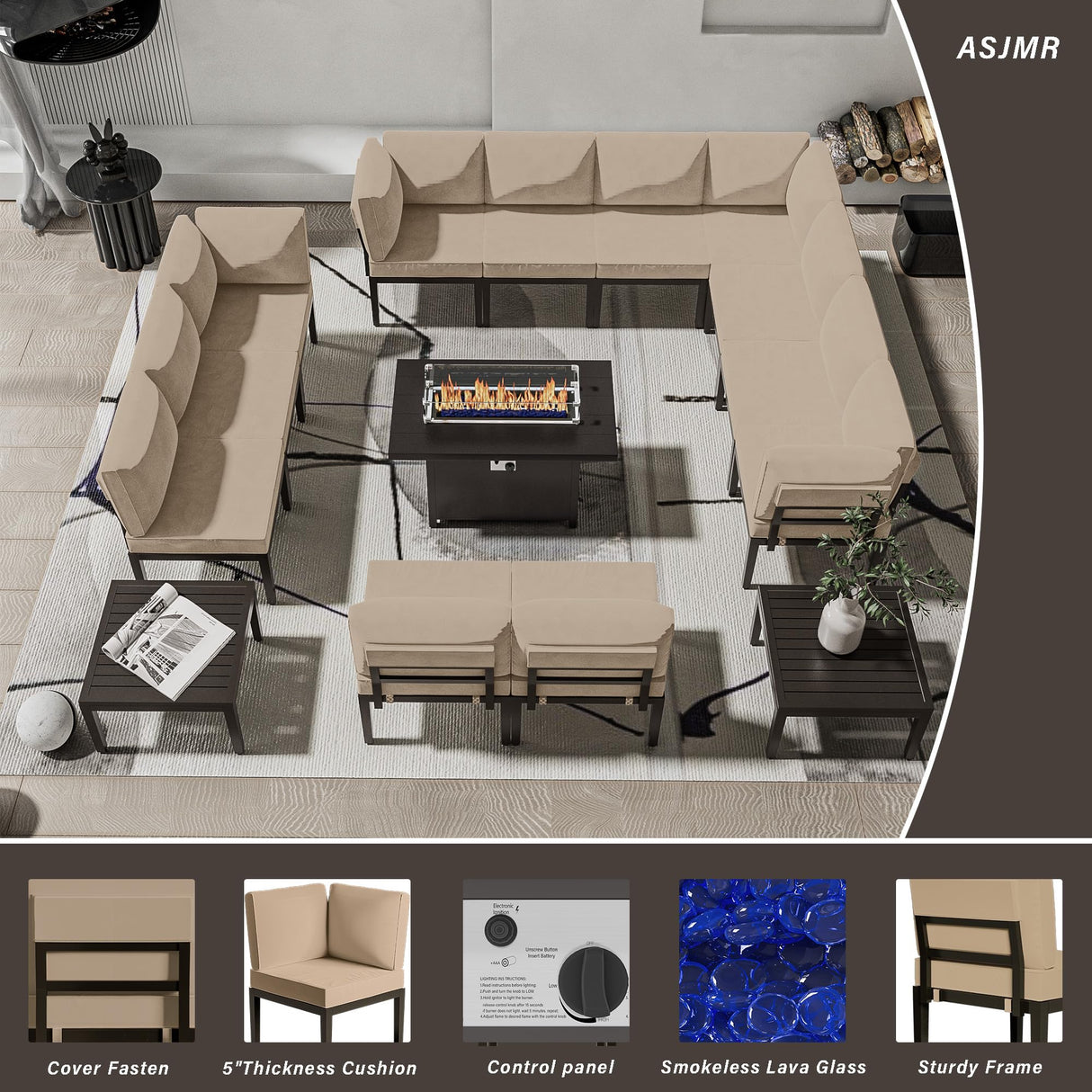 ASJMR Patio Furniture Set,15 Pieces Modern Outdoor Conversation Set w/43in Gas Fire Pit Table, Outdoor Metal Sectional Sofa with 55000 BTU Propane Fire Pit ASJMR