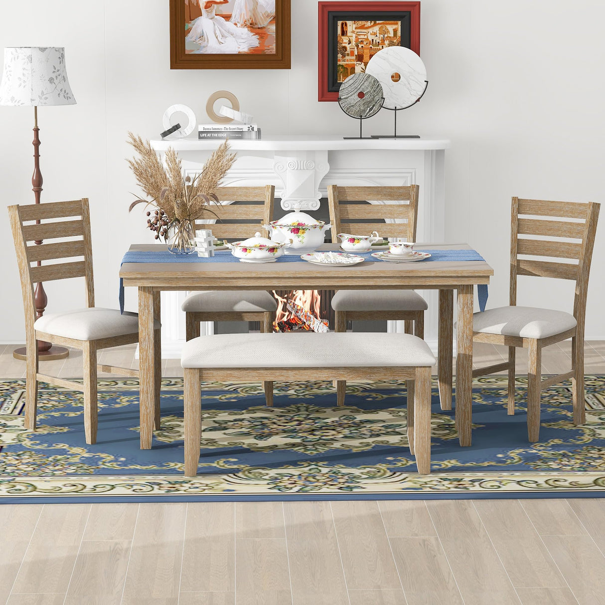 6-Piece Dining Table Set with Bench for 6 Rectangular Kitchen Table Set with 4 Chairs & Bench Retro Dining Room Table and Chairs for Kitchen, Dining Room (Natural) Bellemave