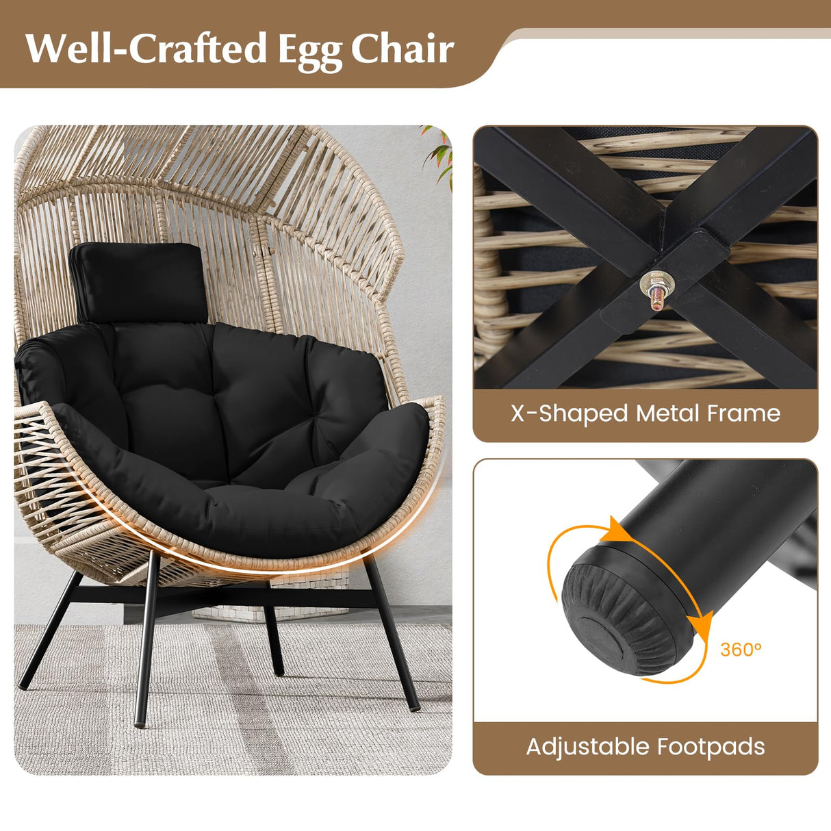 Tangkula Oversized Egg Style Chair, Wicker Stationary Patio Egg Chair w/Cushions & Headrest, Heavy-Duty Metal Frame, Patio Lounge Basket Sofa Chair for Yard, Porch, Living Room Tangkula