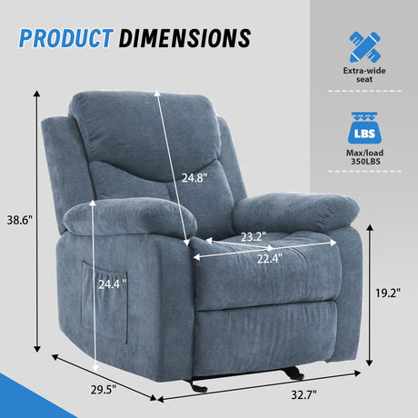 Sftaiyou Manual Rocker Recliner Chair for Adults with Vibration Massage,Glider Rocking Recliner Chairs for Living Room Bedroom Overstuffed Soft Reclining Sofa Chair with Pockets(Blue) Sftaiyou