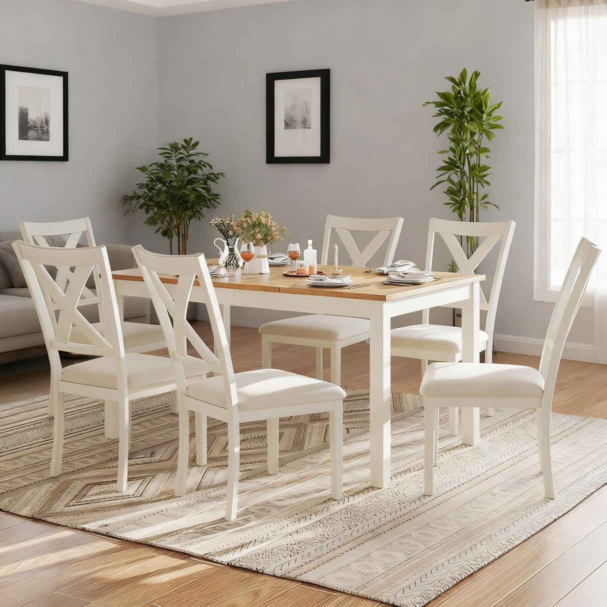 PLAUIN 7-Piece Farmhouse Dining Table Set with 6 Chairs - Solid Wood Kitchen Table Perfect for Small Space, Dining Room & Office, Rustic Cream PLAUIN